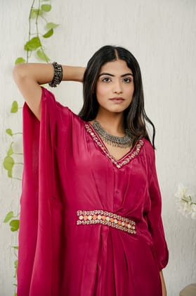 Crepe Red kaftan with Muslin dhoti pants