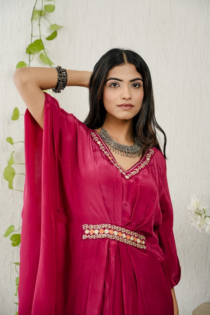 Crepe Red kaftan with Muslin dhoti pants