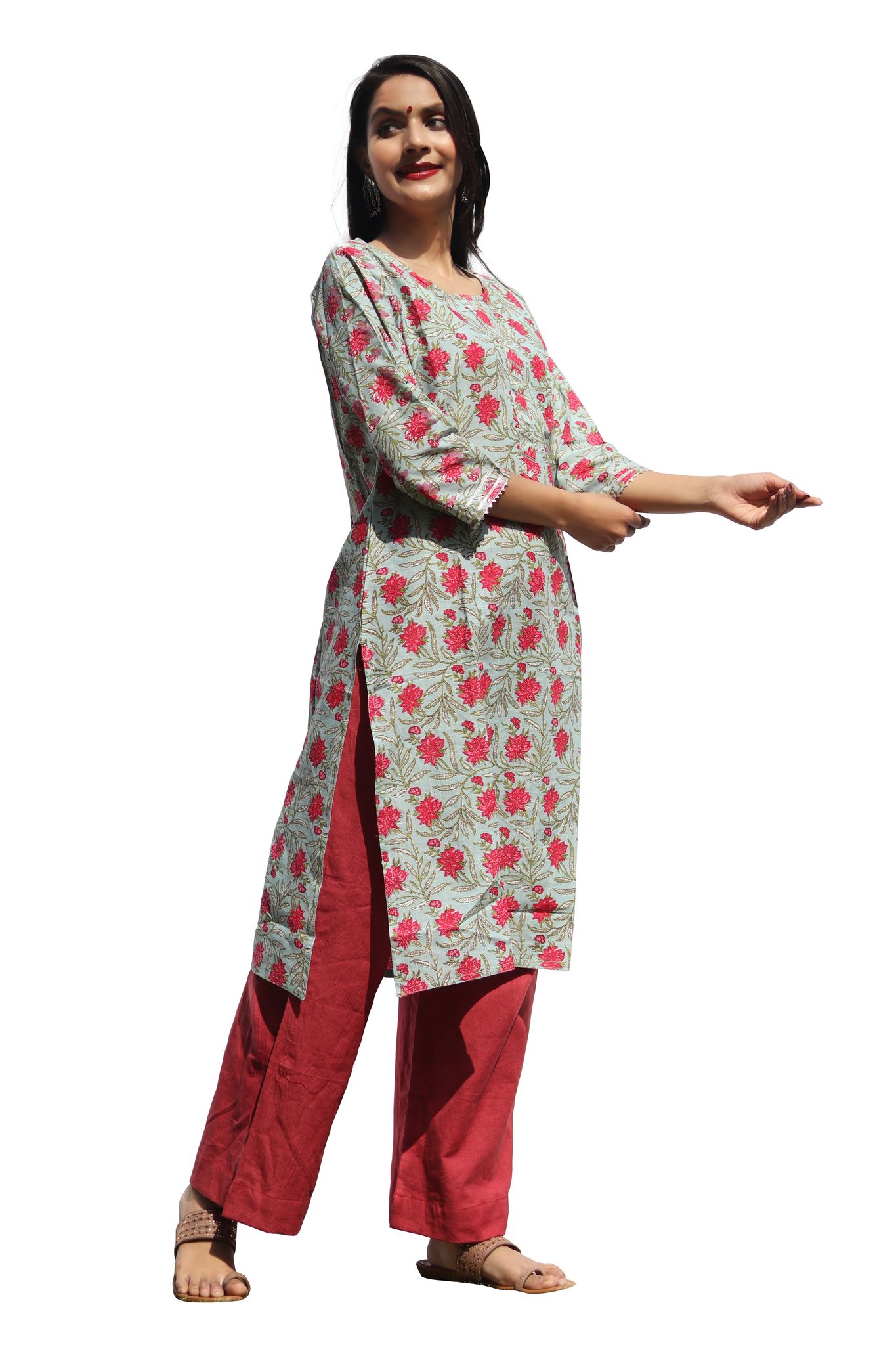 Green Floral Printed Cotton Kurta