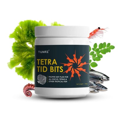 Tunai Tetra Bites Slow Sinking Fish Food Fortified with 48% Protien |100g| for Tetra, Discus, Angel Fish, Gold Fish & Other Tropical Fish Types