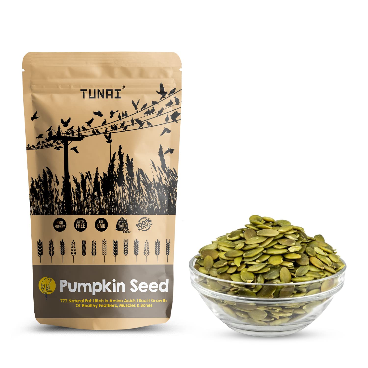 Tunai Pumpkin Seeds Bird Food | 450g | Antioxidants Rich Perfect Bird Food for Caique Parrots, Cockateils, Small Conures, Quaker Parrots, Squirrels and Other Wild Birds