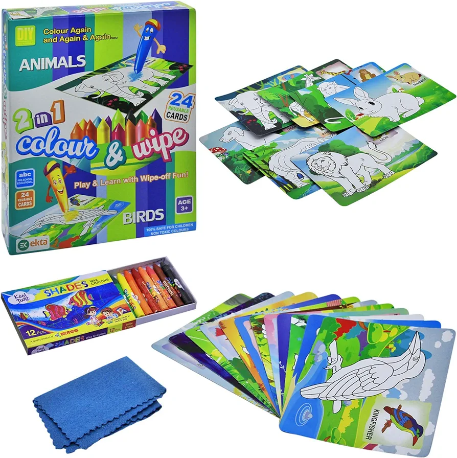  2-in-1 Colour & Wipe Activity Book for Kids - Animals & Birds