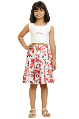 Stylish Red Floral  Printed  Elastic & Ribbon Skirt for girls.