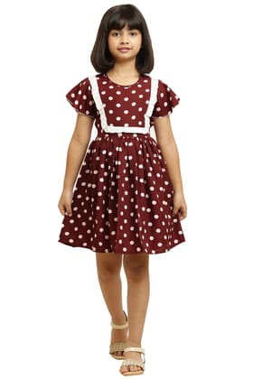 Ethnic Brown Dot Printed Frock With Lining & Frill for girls