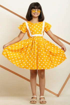 Trendy Yellow Dot Printed Frock With Lining & Frill for Girls