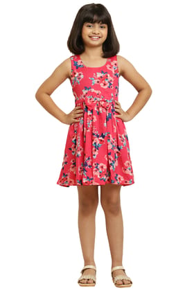 Stylish Pink Flower Printed Frock with Bow & for Girls.