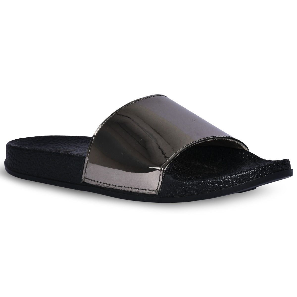 Paragon Ultra Stylish Black Metallic Sliders for Women