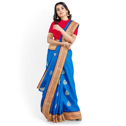 Ink Blue Color Korvai Saree Has Contrast Pallu and Border with Unstitched Blouse