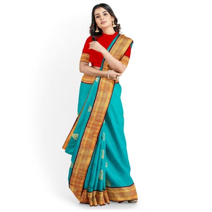 Teal Blue Color Korvai Saree Has Contrast Pallu and Border with Unstitched Blouse