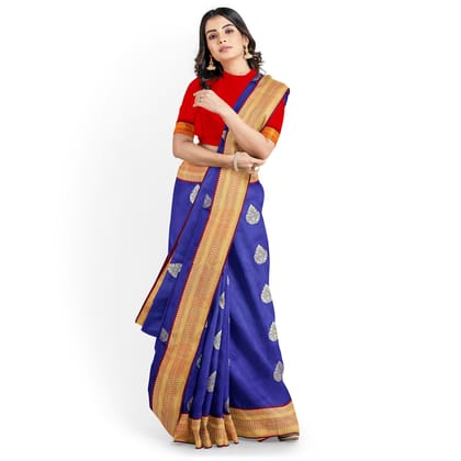 Dark Blue Color Korvai Saree Has Contrast Pallu and Border with Unstitched Blouse