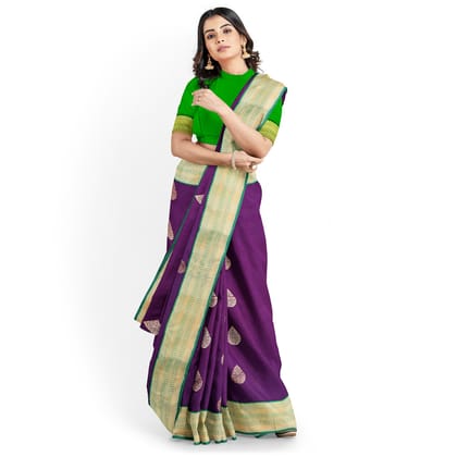 Dark Purple Color Korvai Saree Has Contrast Pallu and Border with Unstitched Blouse