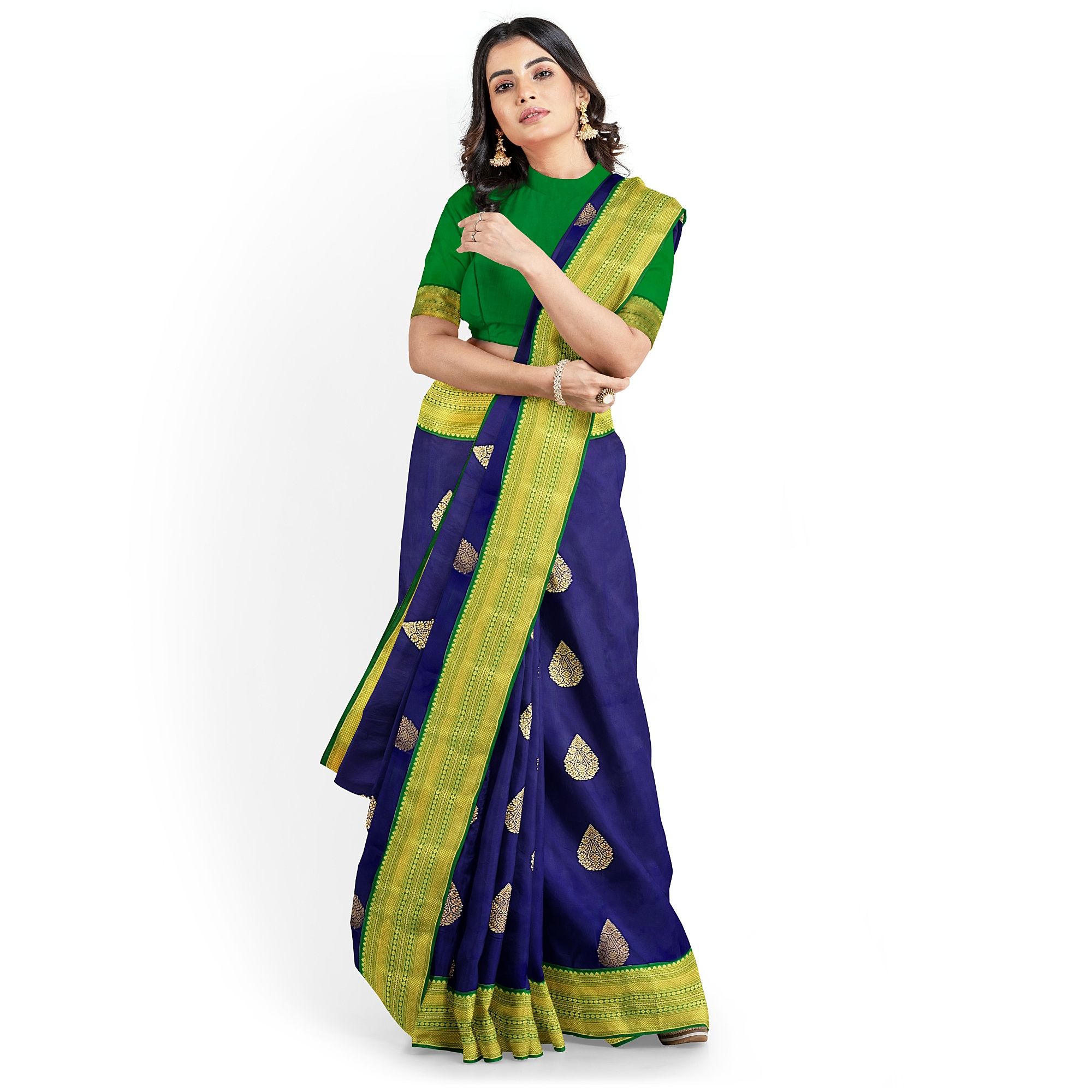 Dark Blue with Green Color Korvai Saree Has Contrast Pallu and Border with Unstitched Blouse