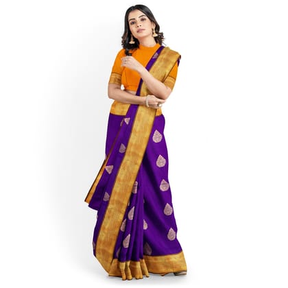 Dark Blue with Orange Color Korvai Saree Has Contrast Pallu and Border with Unstitched Blouse