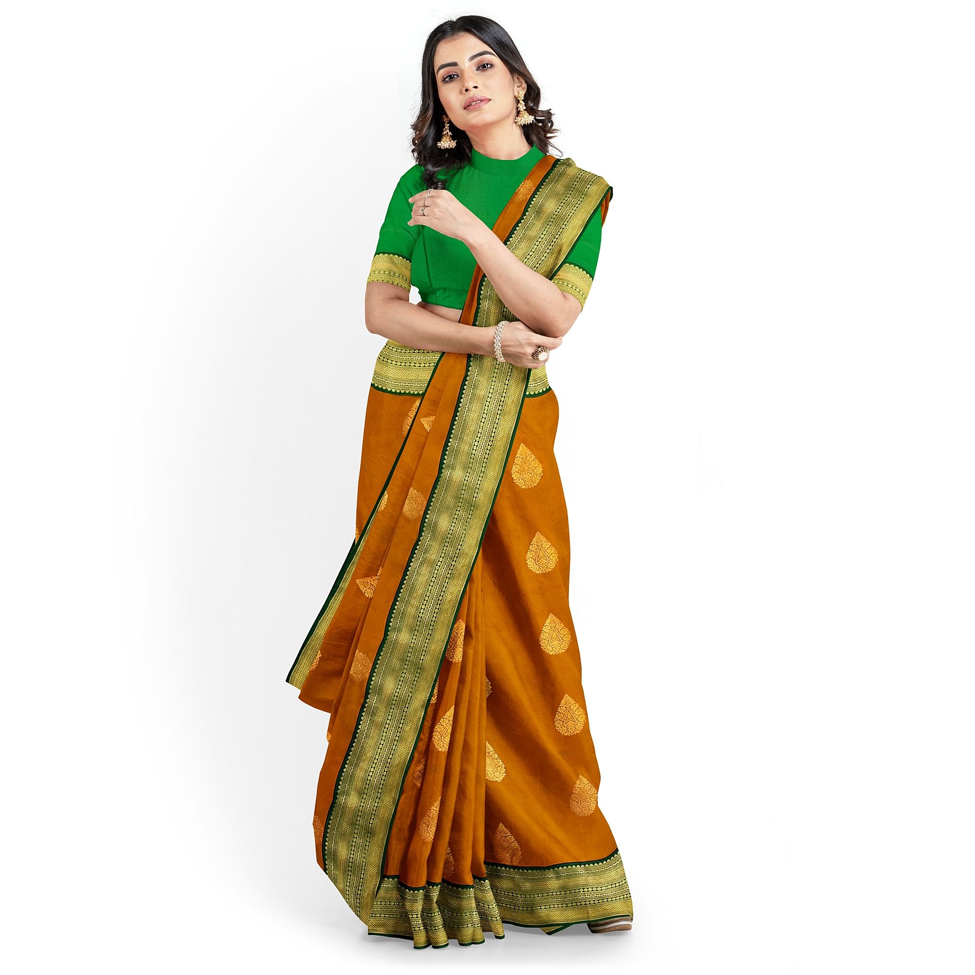 Ginger Orange Color Korvai Saree Has Contrast Pallu and Border with Unstitched Blouse