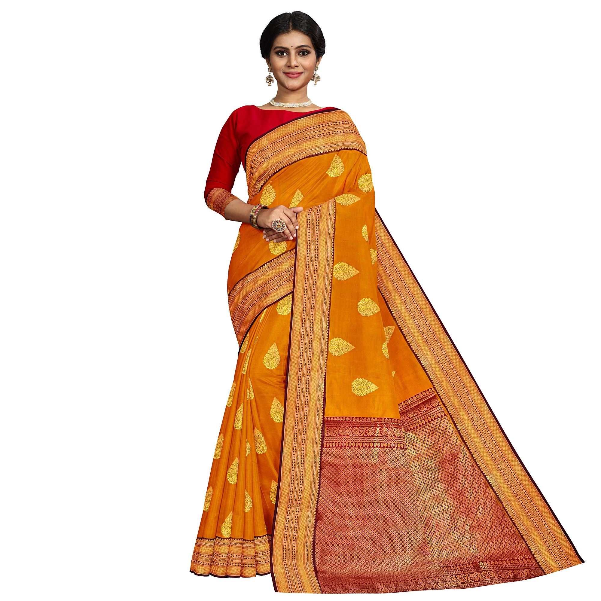 Bright Orange Color Korvai Saree Has Contrast Pallu and Border with Unstitched Blouse