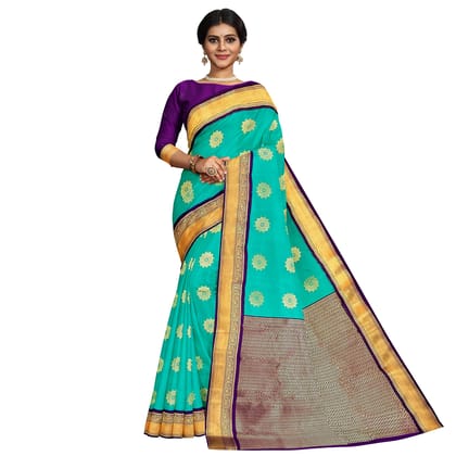 Teal Blue Color Korvai Saree Has Contrast Pallu and Border with Unstitched Blouse