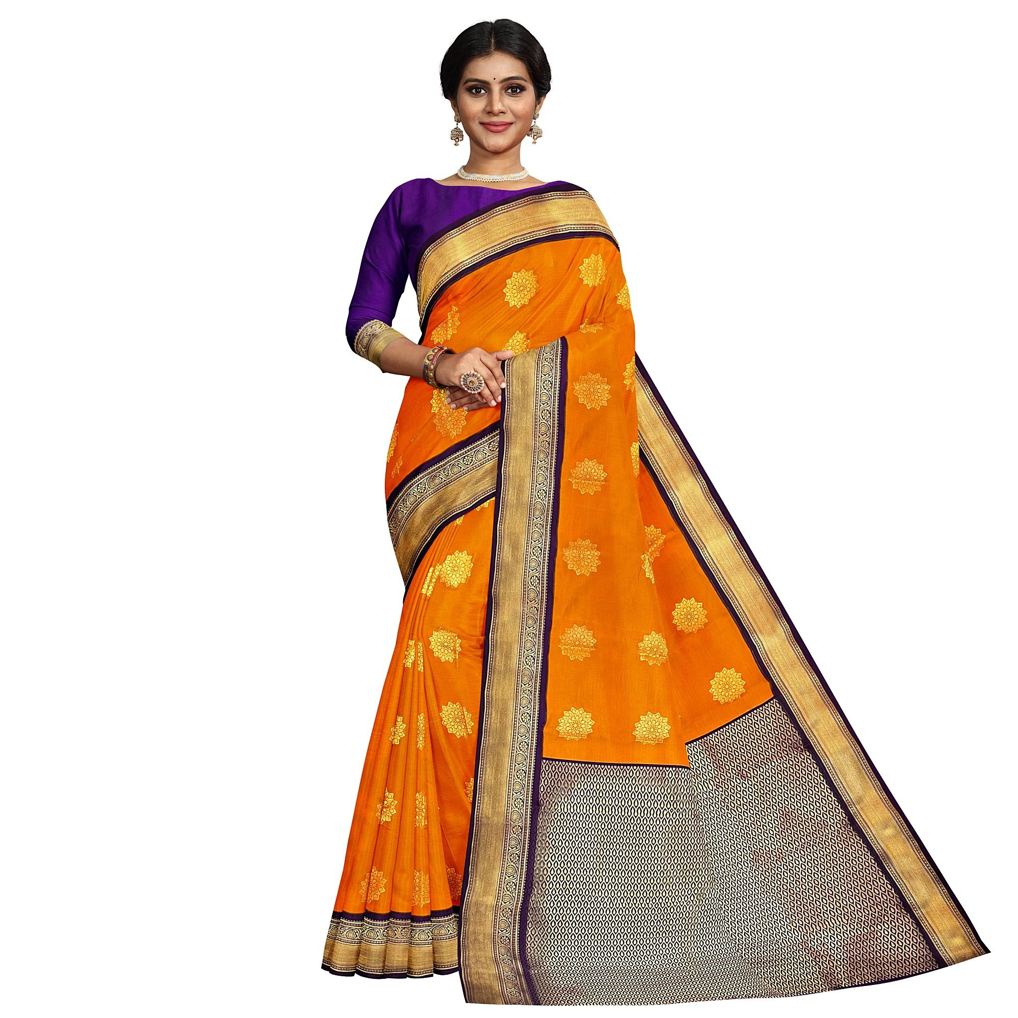 Bright Orange Korvai Saree Has Contrast Pallu and Border with Unstitched Blouse