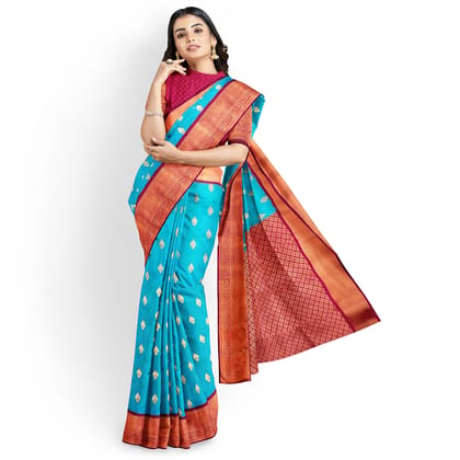 Blue Color Small Leaf Like Butta Korvai Saree Has Contrast Pallu and Border with Unstitched Blouse