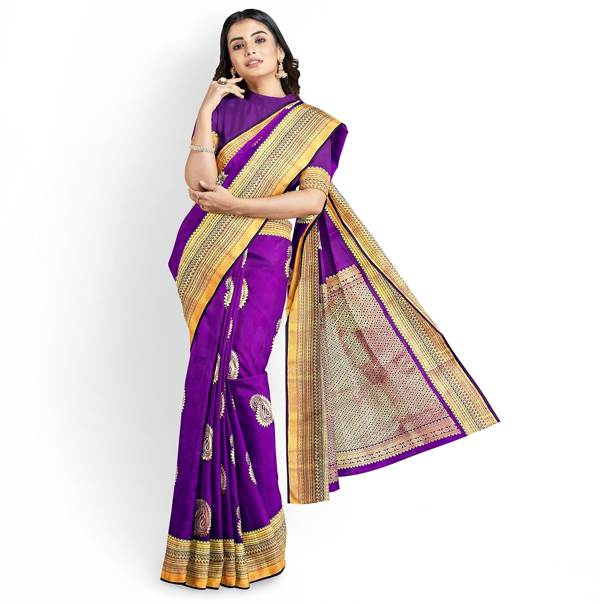 Purple Color Big Mango Butta Saree with Unstitched Blouse