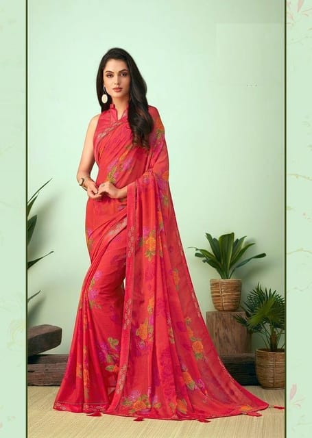 Off White Floral Printed Chiffon Saree