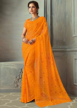 Bandhej Printed Chiffon Saree in Orange