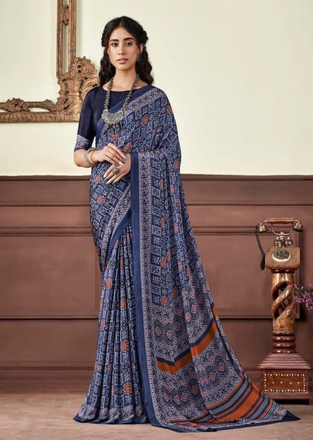 Mustard and Navy Blue Italian Butter Crepe Saree with Ajrakh Pallu –  Sharvari's