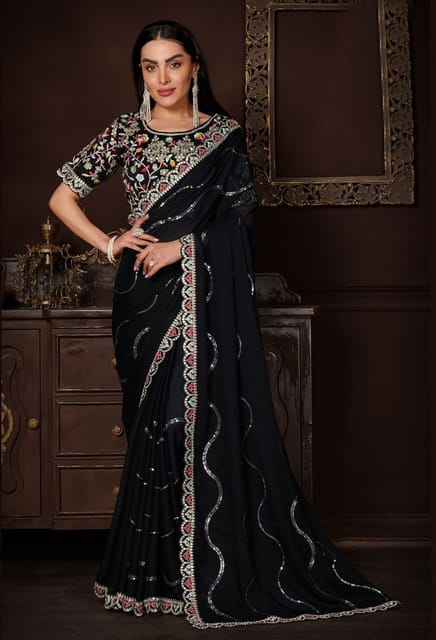 Buy Black Color Pure Chinon Fabric Saree with Stone Work Online - SREV2805  | Appelle Fashion