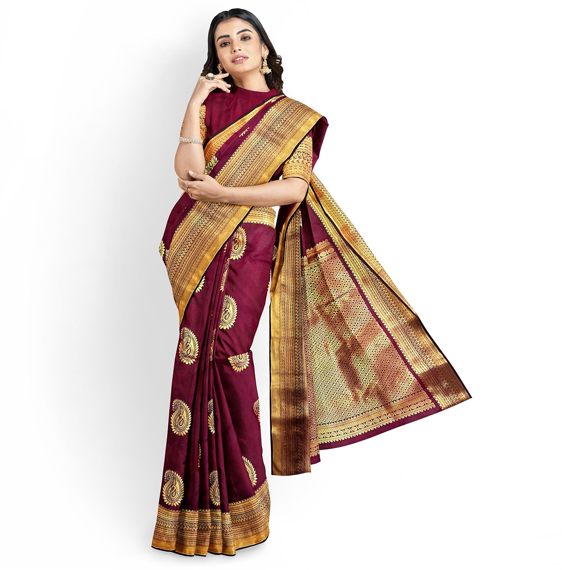 Dark Red Wine Color Big Mango Butta Saree with Unstitched Blouse