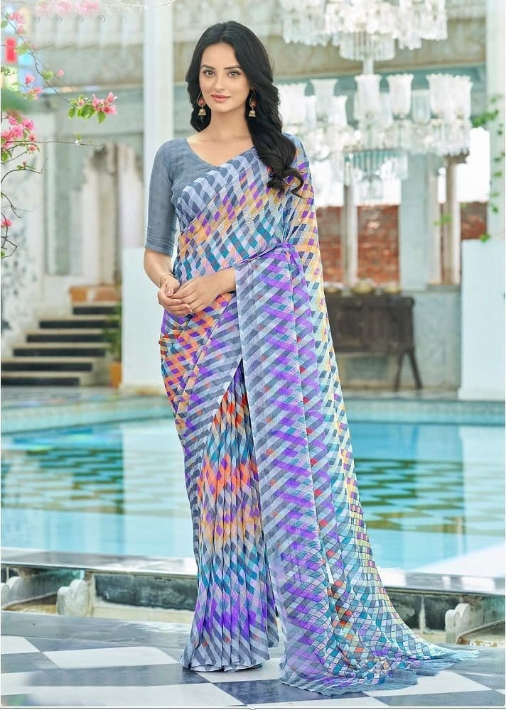 Digital Printed Chiffon Saree in Multicolor