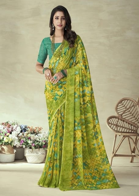 LIME GREEN WOVEN PURE BRASSO CHIFFON SAREE WITH EMBROIDERED SILK BLOUS –  zarikaariindia.com