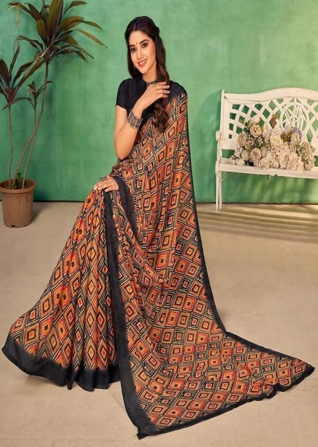 Vishal Prints Black Printed Chiffon Saree With Fancy Border