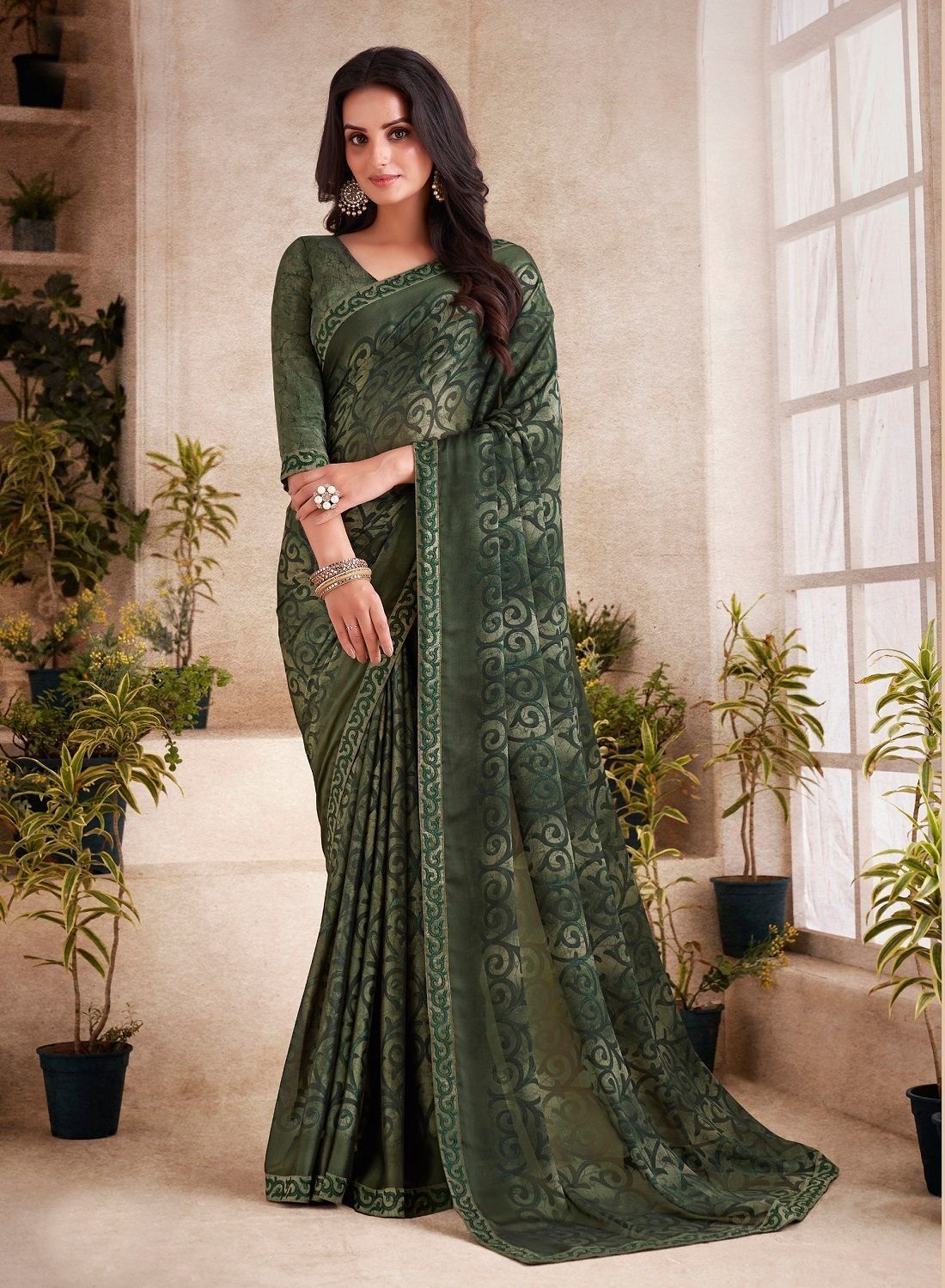 Shammi Green Georgette Sequin One Minute Saree