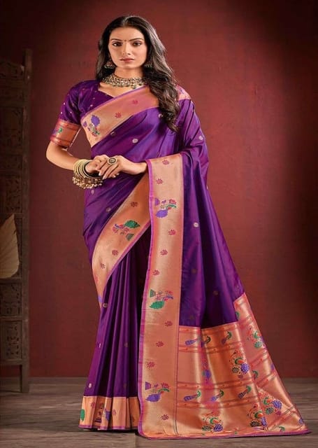 Purple Silk Paithani Saree with Silver Border and self bhutti blouse Silk -  Pramo Clothing