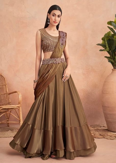 Buy INDYA Foil Work Pre-Stitched Saree Set With Strappy Blouse | Shoppers  Stop