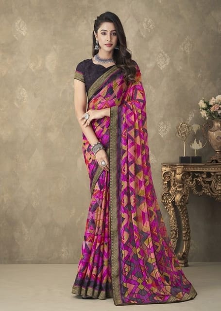 Digital Printed Chiffon Saree in Multicolor