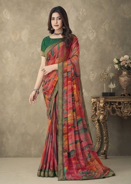 Digital Printed Chiffon Saree in Multicolor