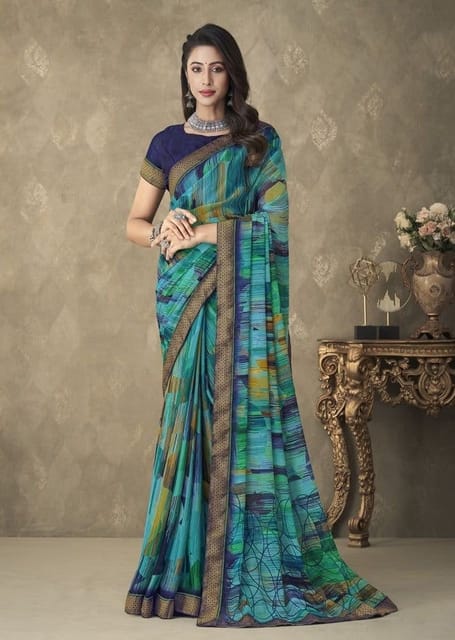 Multicolor Printed Chiffon Saree With Blouse 4018SR04