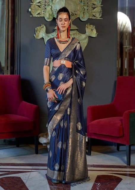 Buy Blue Satin Saree With Stone Studded Border And Unstitched Blouse Piece