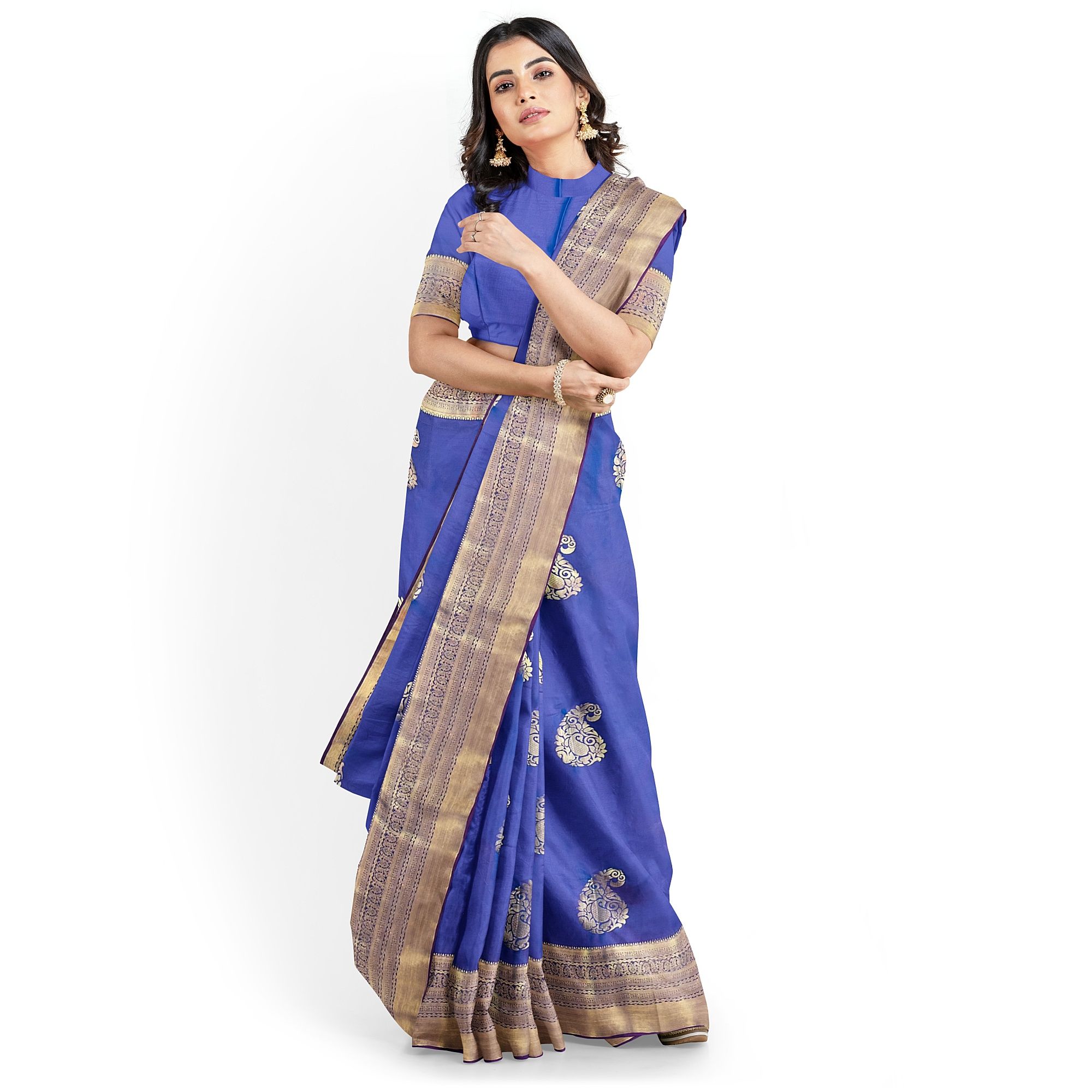 Violet Blue Color Big Mango Butta Saree with Unstitched Blouse