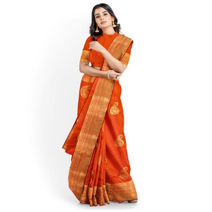 Orange Color Big Mango Butta Saree with Unstitched Blouse