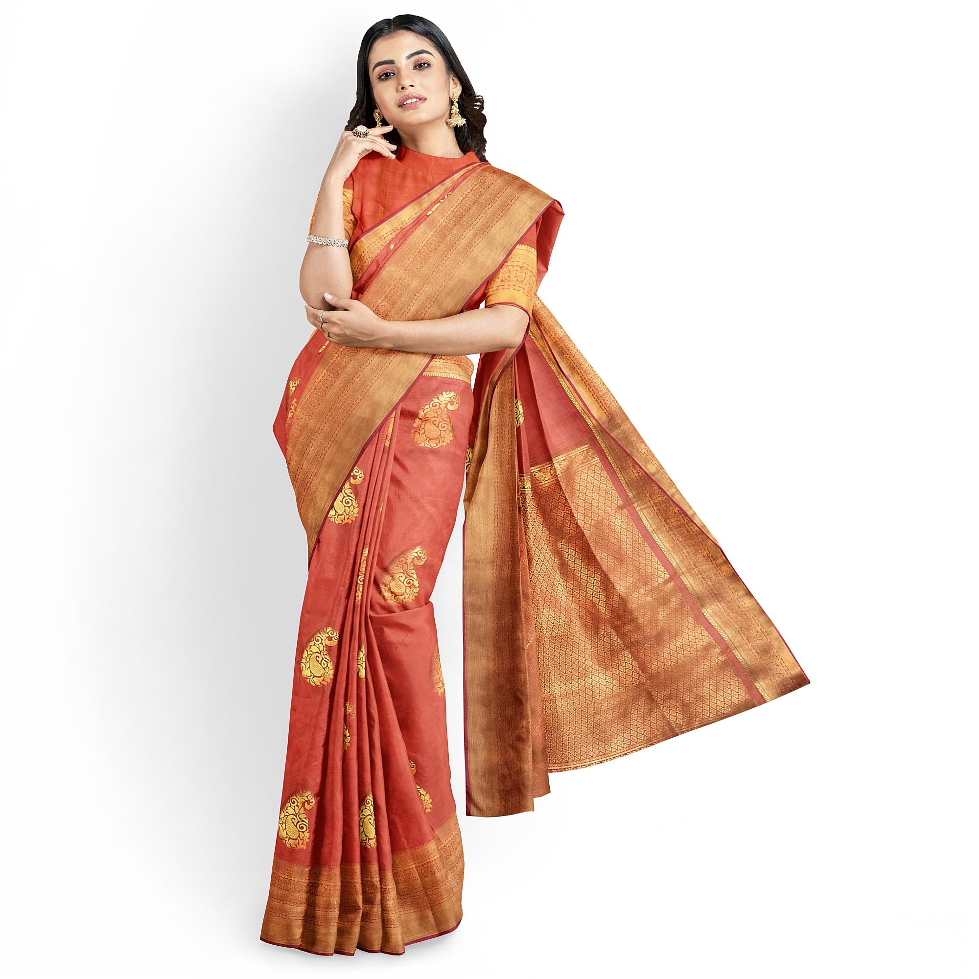 Golden Red Color Big Mango Butta Saree with Unstitched Blouse