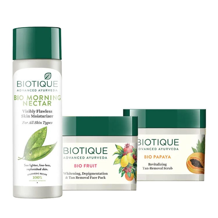 Biotique Bio Skin Brightening Tan Removal Combo Scrub Pack&Moisturizer (120 ml + 75gm + 75gm) Pack of 3