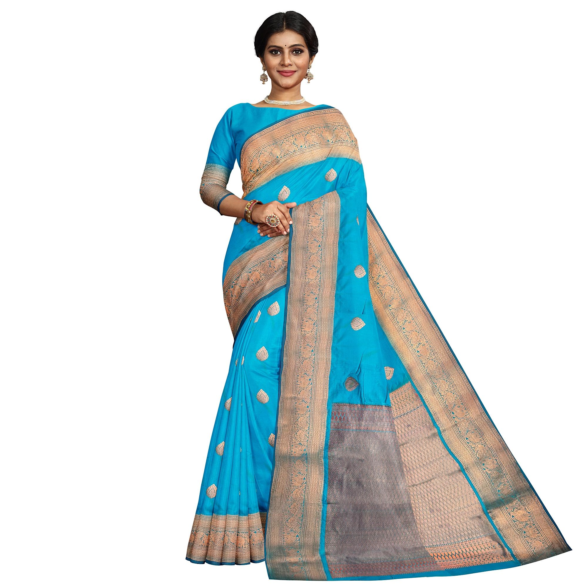 Blue Color Thilagam Butta Saree with Unstitched Blouse