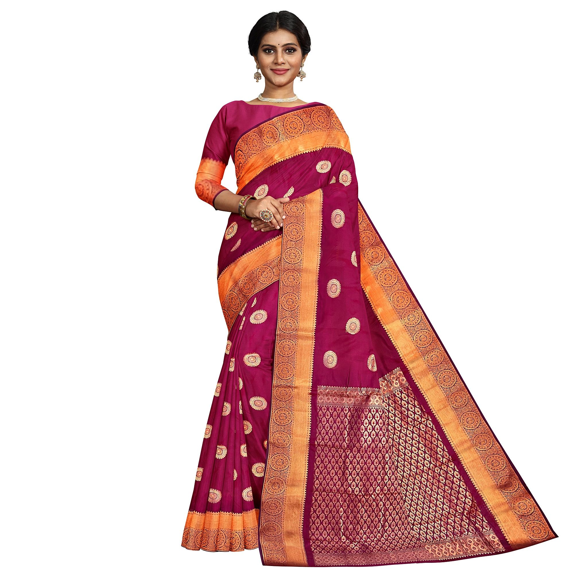 Raspberry Red Color Beautiful Chakram Butta Saree with Unstitched Blouse