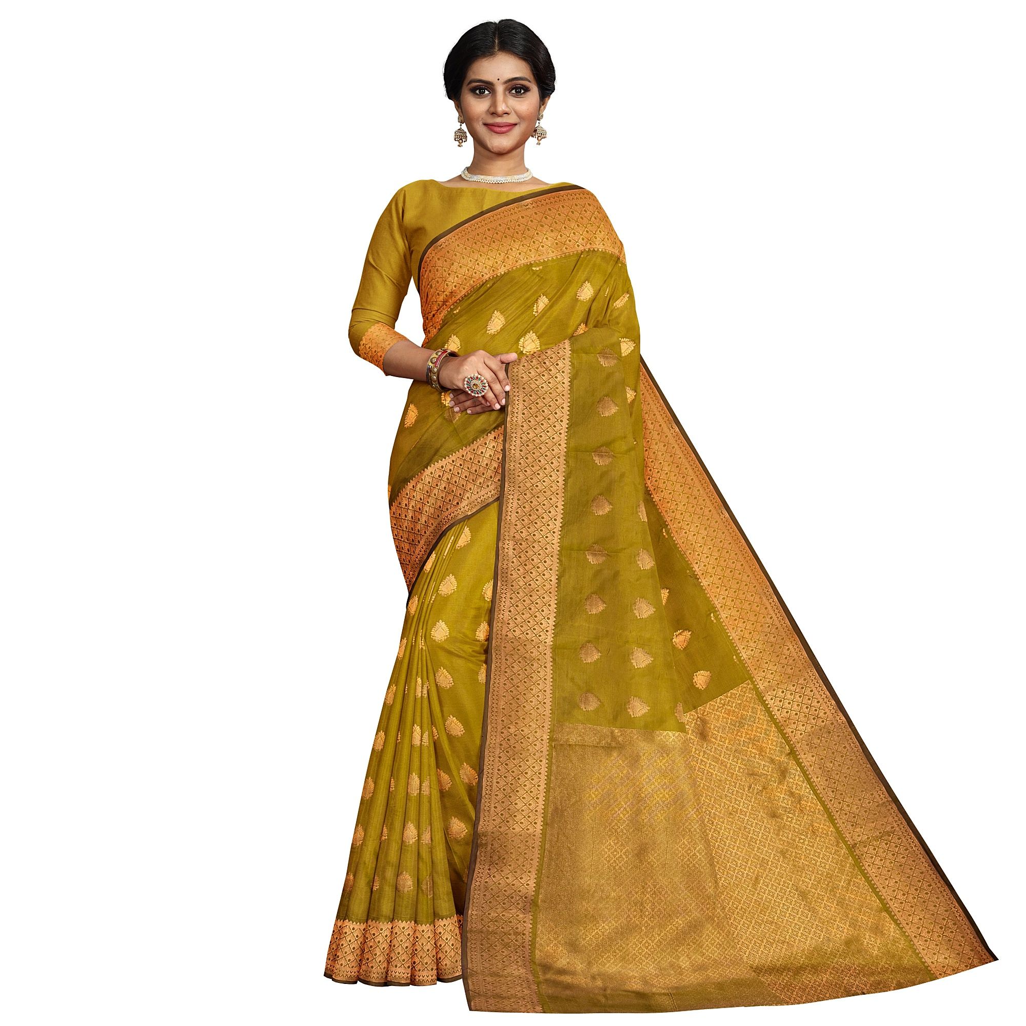 Olive Green Color Thilagam Butta Saree with Unstitched Blouse