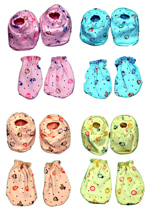 Newborn Baby Hosiery Soft Fabric Mitten Booties (Pack of 4) Printed Random Print