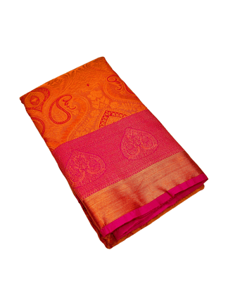 Dark Orange Color Grand Floral & Mango Design Saree with Unstitched Blouse