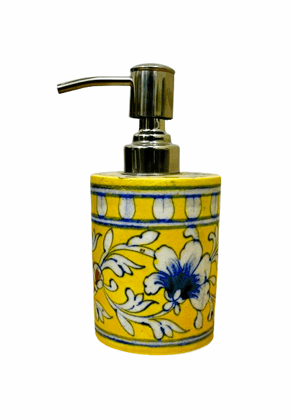 Tribes India Handmade Blue Pottery Round Soap Dispenser (Yellow)