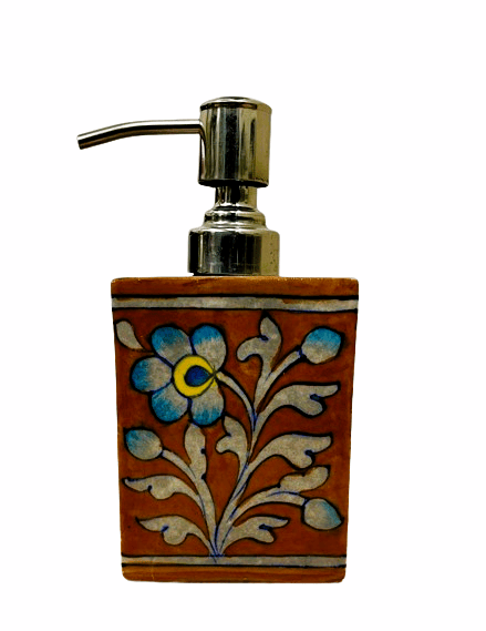 Tribes India Handmade Blue Pottery Square Soap Dispenser (Brown)