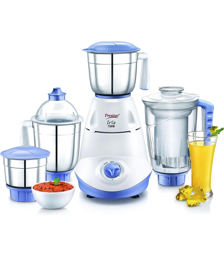 Prestige 750 Watt Mixer Grinder with 3 Stainless Steel Jar + 1 Juicer Jar (White and Blue)